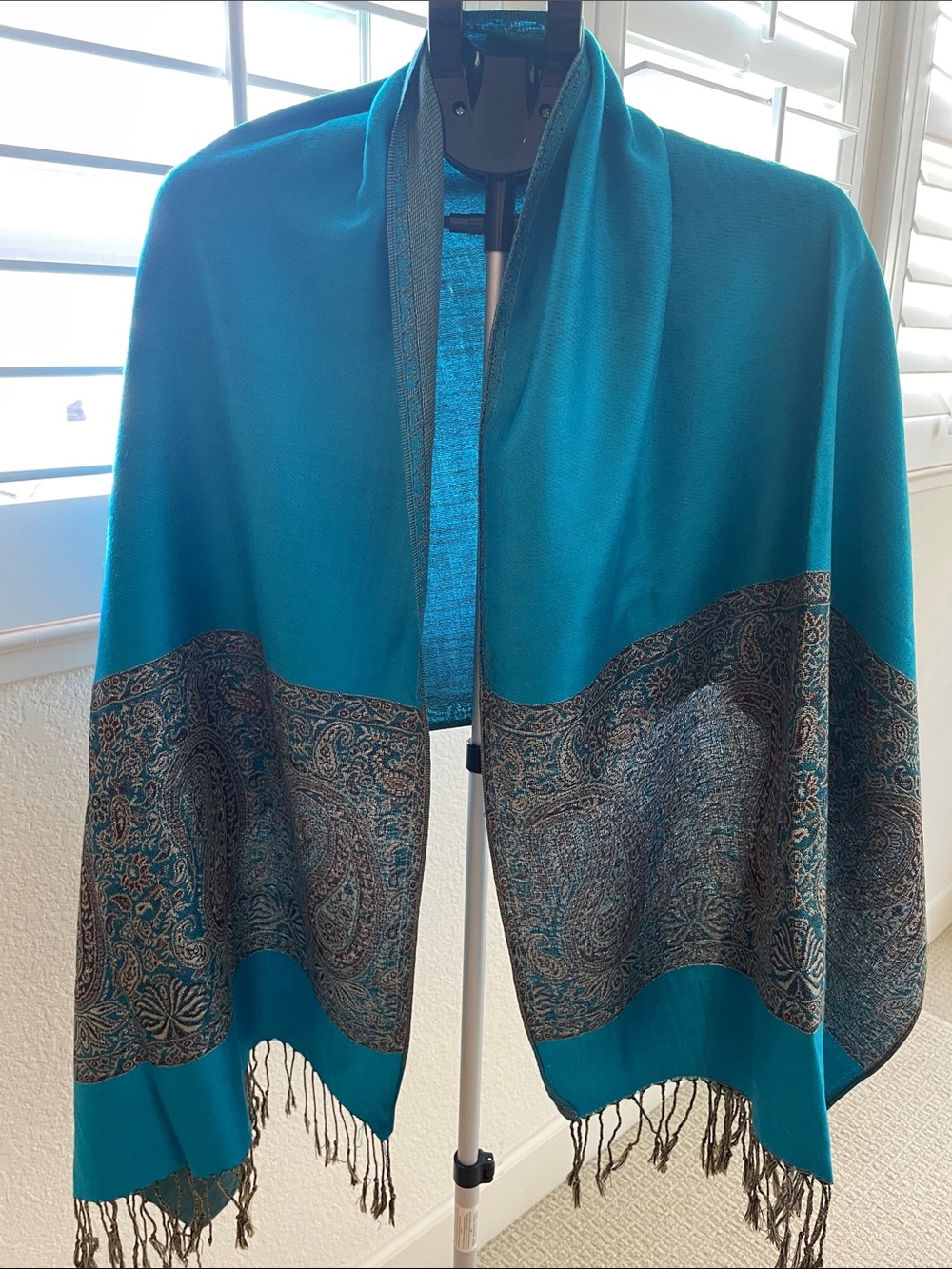 Teal Paisley Trim Shawl with Fringe